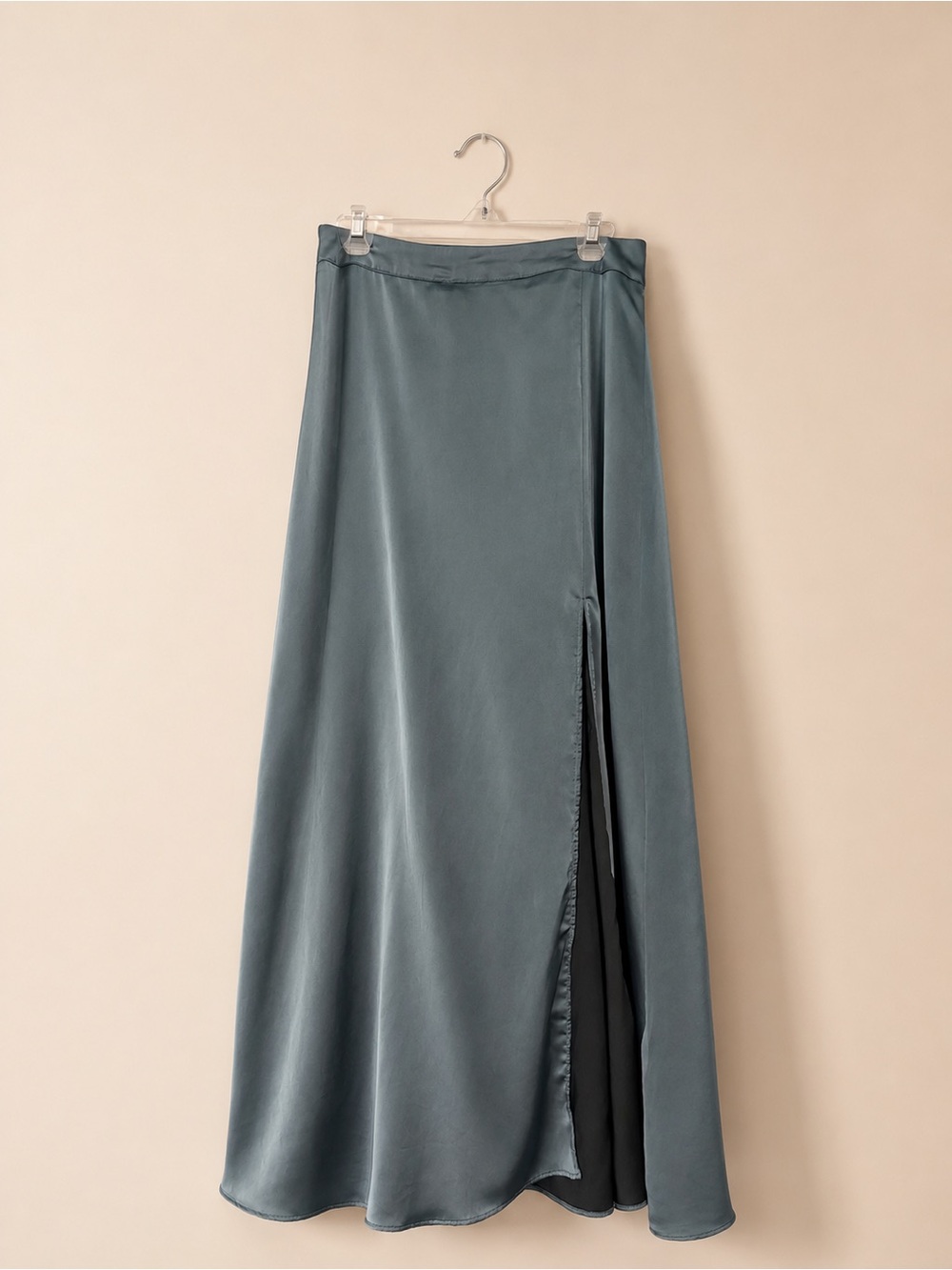 Satin Maxi Skirt with Front Slit - Dusty Teal